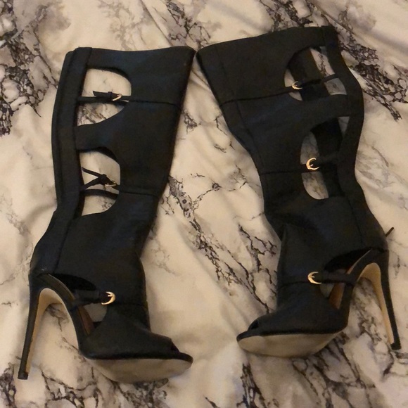 Shoe Dazzle Shoes - Black open toed heel boots